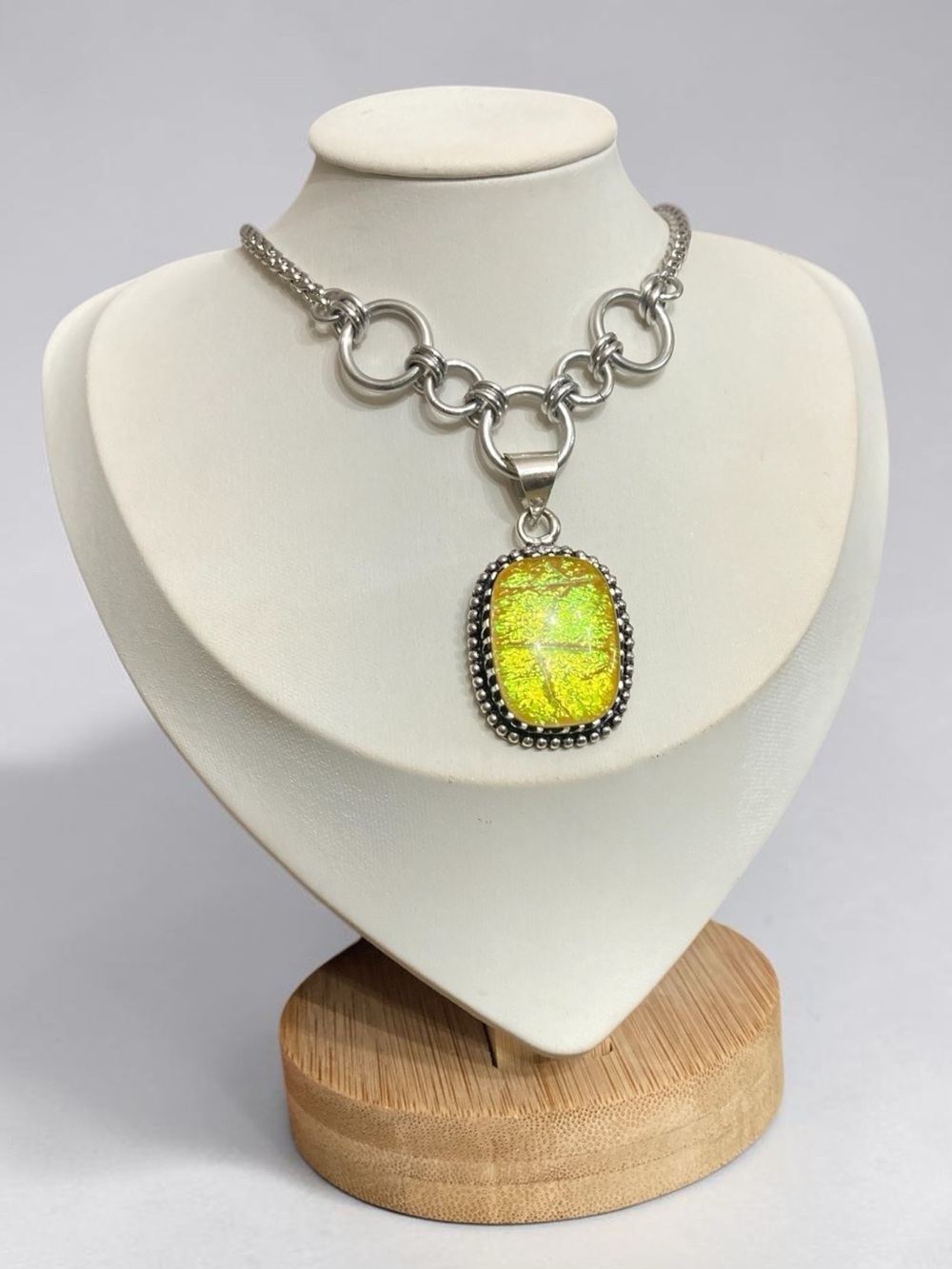 925 Sterling silver overlay man made yellow fire opal glass boho necklace
